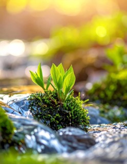 Beautiful spring detailed stream of fresh water, vibrant blooming young green plants, wallpaper