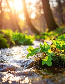 Beautiful spring detailed stream of fresh water, vibrant blooming young green plants, wallpaper