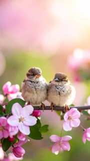 Small funny Sparrow Chicks sit in the garden surrounded by pink Apple blossoms on a Sunny may day,