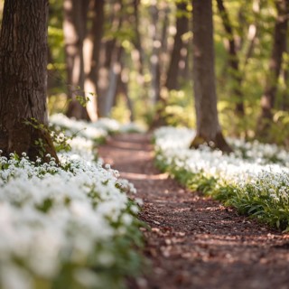 A tranquil forest path lined with white flowers, surrounded by tall trees and bathed in soft