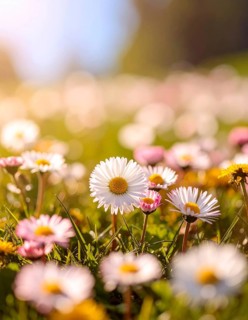 A sunny meadow with daisies in full bloom under bright sunlight, creating a vibrant and cheerful