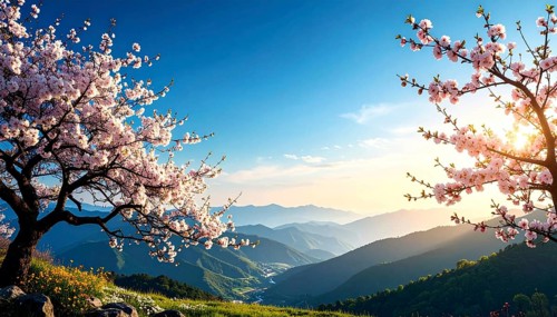 Landscape with a blooming apricot tree, idilyc spring nature, green grass and mountains in