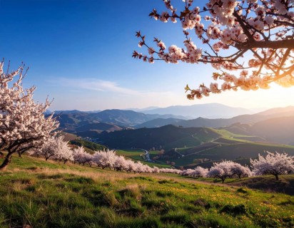 Landscape with a blooming apricot tree, idilyc spring nature, green grass and mountains in