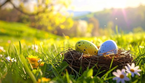 Nest with easter eggs in a basket on grass, sunny spring day, fresh beautiful landscape at