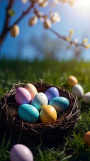 Nest with easter eggs in a basket on grass, sunny spring day, fresh beautiful landscape at