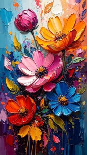 Closeup of abstract rough colorful multicolored organic floral spring flowers art painting texture,