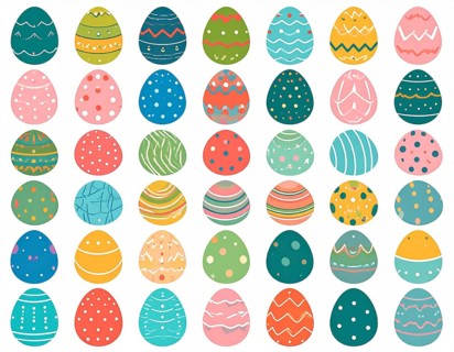 Set of easter eggs flat design on white background, abstract vector wallpaper illustration, banner