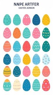 Set of easter eggs flat design on white background, abstract vector wallpaper illustration, banner