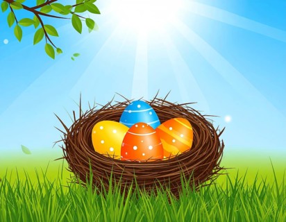 Nest with easter eggs in grass on a sunny spring day, Easter wallpaper decoration drawing, banner,