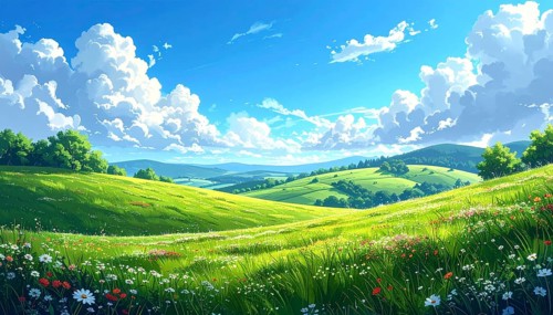 Fresh summer hilly Landscape with blooming Meadow, green plants, Blue Sky with cloudy sky, serene