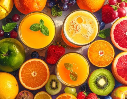 Fresh fruit juices in glasses, surrounded by colorful fruits, showcasing healthy drinking and