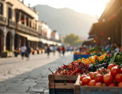 Traditional Mexican plaza with crates of peppers, onions, and tomatoes, economic prosperity in