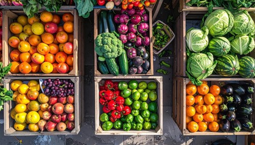 Fresh fruits and vegetables in a market display, aerial view perpendicular top down, healthy eating