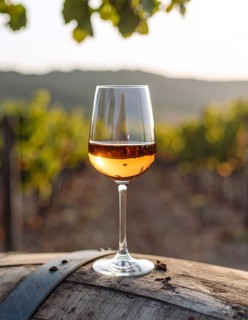 A glass of 10-year-old tawny wine placed on a barrel in a vineyard restaurant, vineyard landscape
