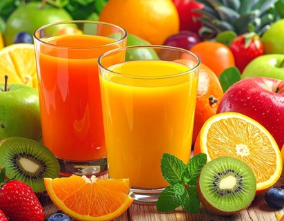 Fresh fruit juices in glasses, surrounded by colorful fruits, showcasing healthy drinking and