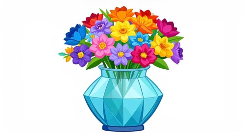 Crystal glass vase with vibrant blooming flowers, vibrant vector drawing illustration for fresh