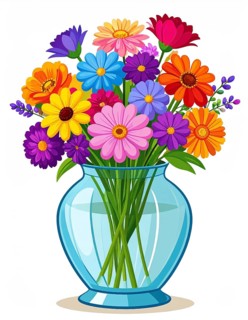 Crystal glass vase with vibrant blooming flowers, vibrant vector drawing illustration for fresh