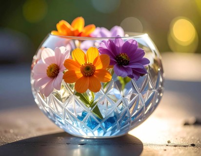 Crystal glass vase with vibrant blooming flowers, fresh spring and summer concept, AI generated