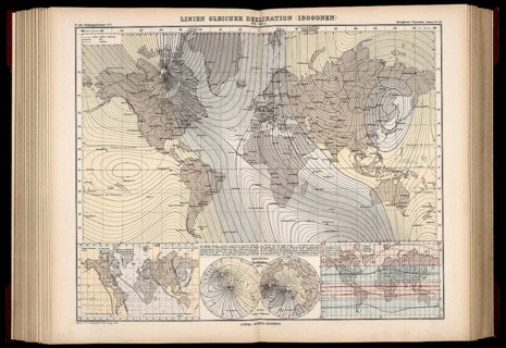 Atlas of Geomagnetism showing lines of magnetic declination, isogonic lines or isogonic chart, for