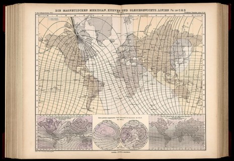 Atlas of Geomagnetism showing magnetic meridian curves and equilibrium lines, convergence of