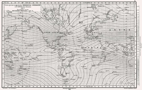 Atlas of Geomagnetism showing horizontal intensity of the Earth's magnetic field for the epoch