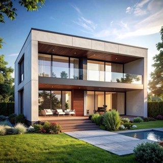 Modern residential house with green garden, simple geometric architecture, clear blue sky in the