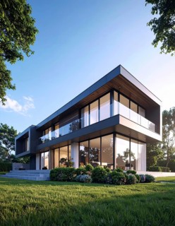 Modern residential house with green garden, simple geometric architecture, clear blue sky in the
