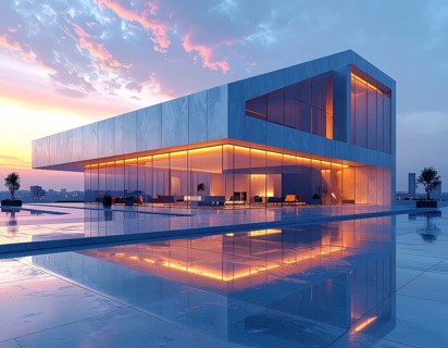Modern building reflecting sunset light at dusk. Abstract Futuristic Business Background, AI