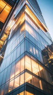 Modern building reflecting sunset light at dusk. Abstract Futuristic Business Background, AI