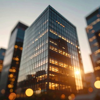 Modern building reflecting sunset light at dusk. Abstract Futuristic Business Background, AI