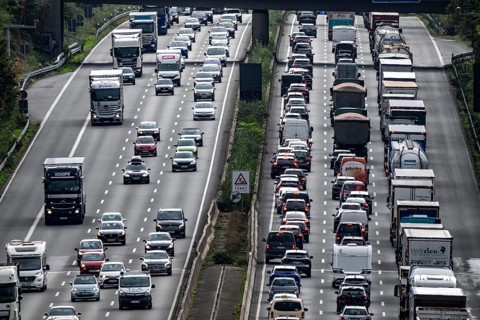Traffic jam on the A3 motorway between the Hilden junction and the Mettmann junction, view to the