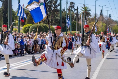 The traditional changing of the guard of the Evzones in front of the Greek Parliament in the Greek