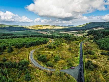 Wind Farm from a drone, Roxburghshire, Roxburgh, Southern Uplands, Scotland, UK