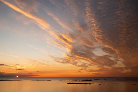 Offshore islands and skerries, sea, dramatically illuminated clouds, sunset, Otroya or Otrøya