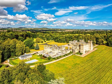 Floors Castle and garden from a drone, Duke of Roxburghe, Roxburghshire, Scotland, UK
