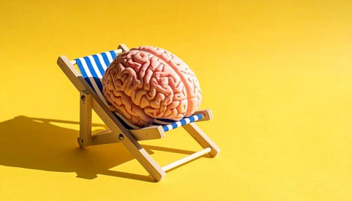 Brain relaxes on a sunbed under the summer sun, placed on a flat surface, symbol for mental health,