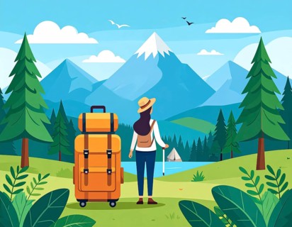 Traveling and hiking in mountain landscape, abstract vector illustration, AI generated image