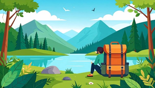 Traveling and hiking in mountain landscape, abstract vector illustration, AI generated image