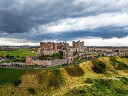 Bamburgh Castle from a drone, Northumberland, Northeast Coast, England, United Kingdom