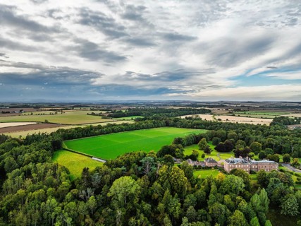 Paxton House over River Tweed from a drone, Paxton, Berwick-upon-Tweed, Berwickshire, Scotland, UK