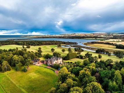 Tyninghame House over River Tyne from a drone, East Lothian, Scotland, UK