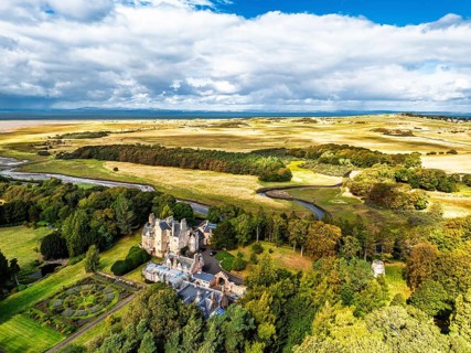 Luffness Castle from a drone, Aberlady, East Lothian, Scotland, UK
