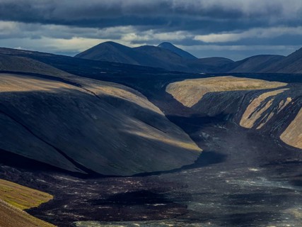 Lava, lava field, summer, cloudy, sunny, aerial view, Fagradalsfjall, Reykjanes, Iceland
