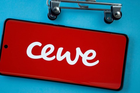 Dhaka, Bangladesh- 03 July 2025: Smartphone screen showing the Cewe logo with shopping cart wheels