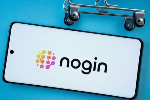 Dhaka, Bangladesh- 03 July 2025: Smartphone screen showing the nogin logo with shopping cart wheels