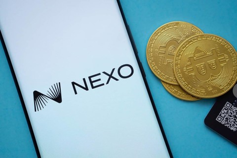 Dhaka, Bangladesh- 06 Sep 2025: Nexo logo on smartphone screen near Bitcoin coin and QR code on