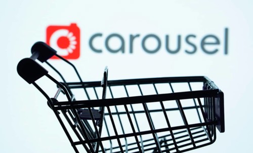 Dhaka, Bangladesh- 03 July 2025: Silhouette of a shopping cart in front of the Carousell logo,