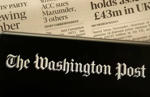 Dhaka, Bangladesh - 18 March 2025: The logo of the washington post is displayed on a smartphone