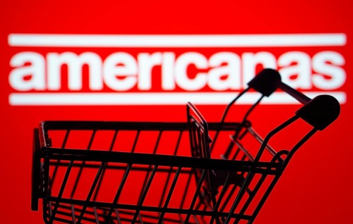 Dhaka, Bangladesh- 03 July 2025: Silhouette of a shopping cart in front of the Americanas logo,