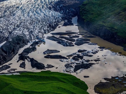 Ice floes, glacier, glacier tongue, glacier lake, sunny, cloudy, morning mood, mountains,